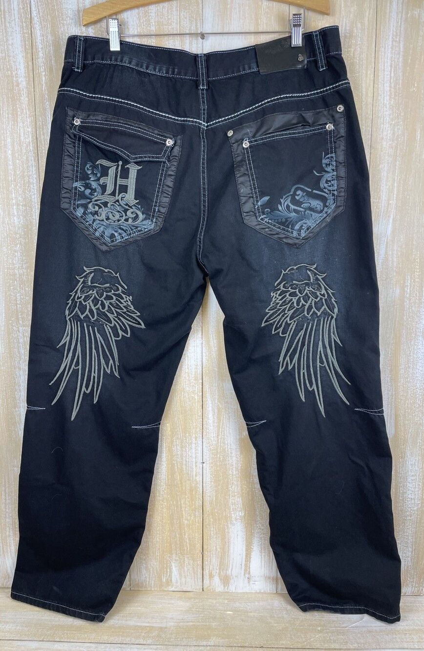 Y2K Play Bigg Mens Black Denim Pants 40x32 Wide-Leg Embroidered Wing Back